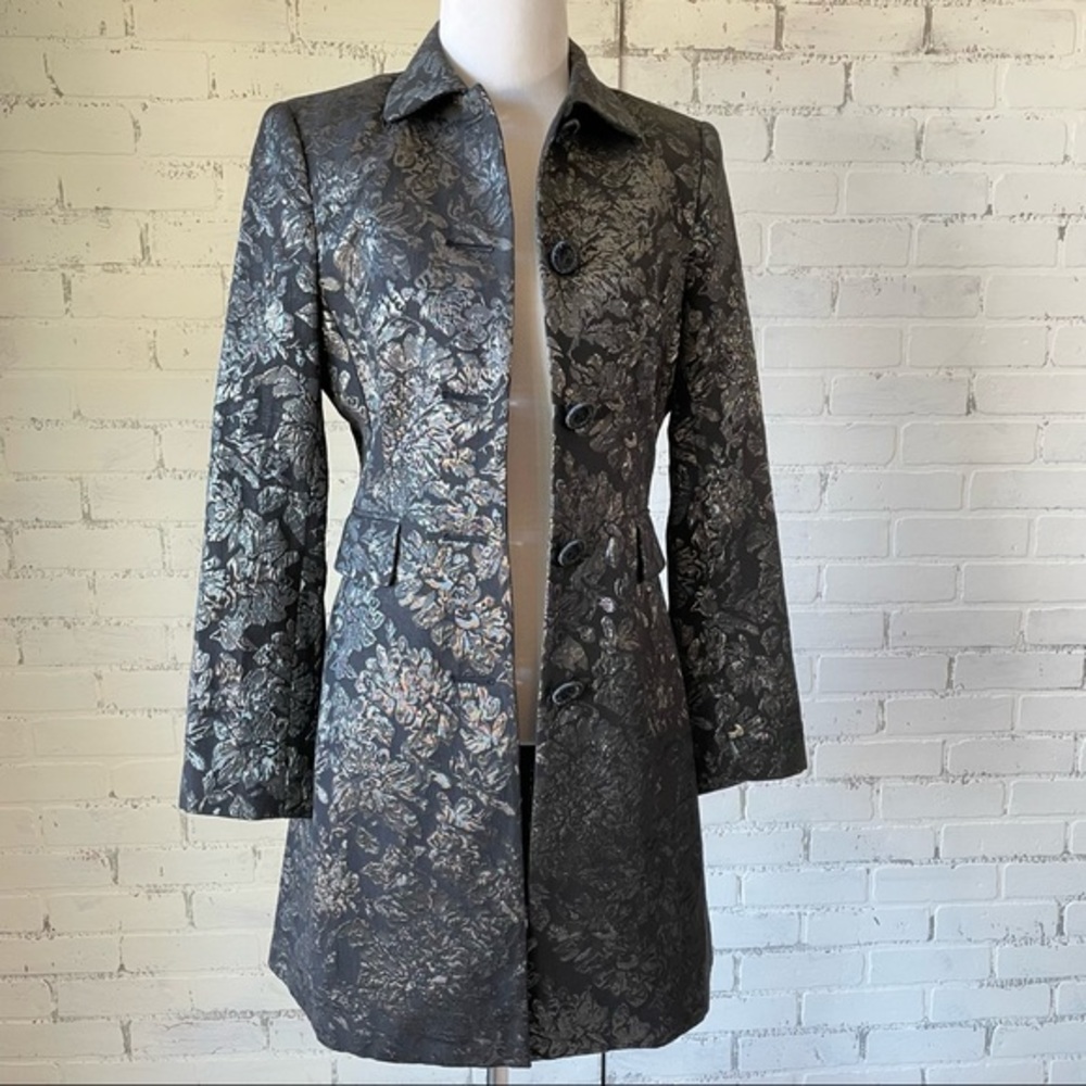 Georgiou Studio Size 2 Black Formal Trench Coat Black Silver Floral Brocade